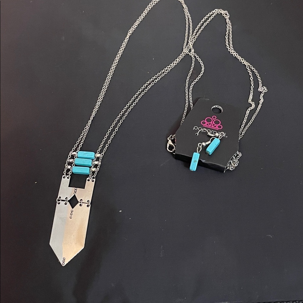 Paparazzi Silver and Turquoise Necklace Set with Earrings